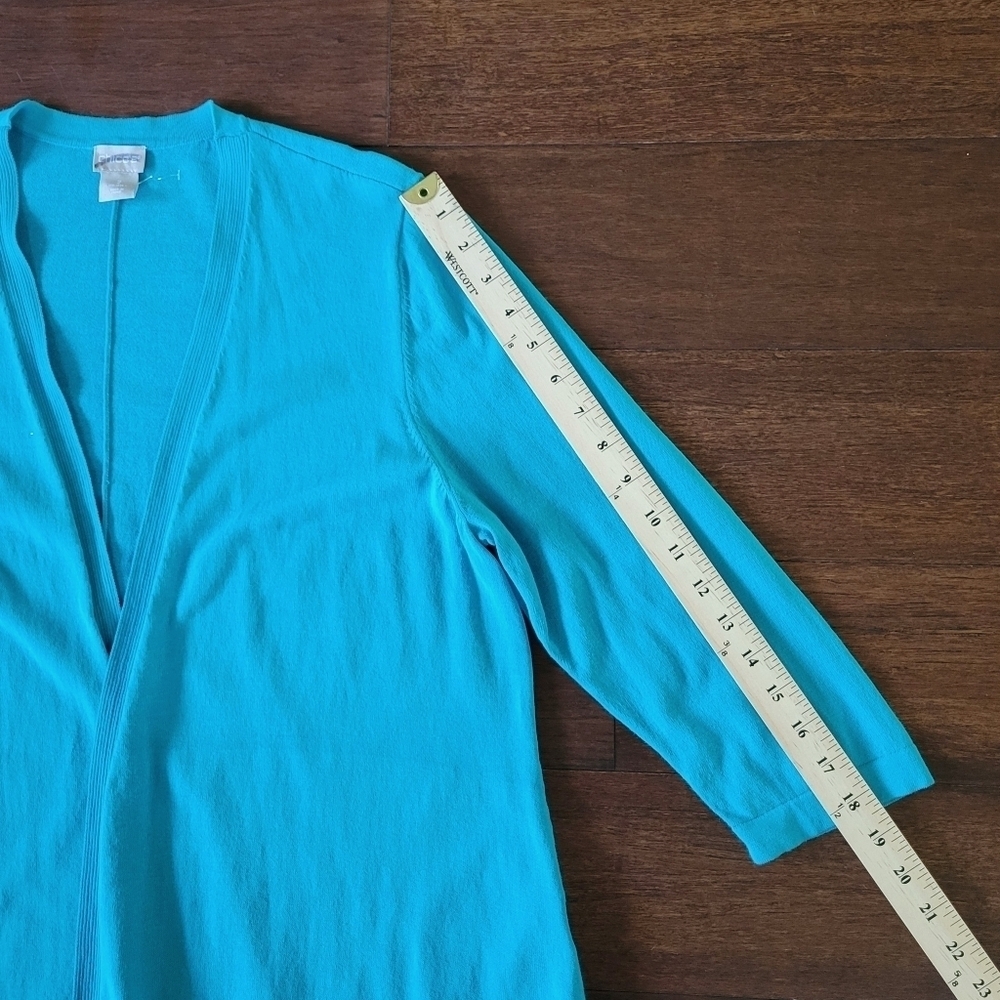 Chico's Stitch-Detail Open Front Mid-Length Cardigan Sweater Women's L Turquoise - Picture 9 of 9